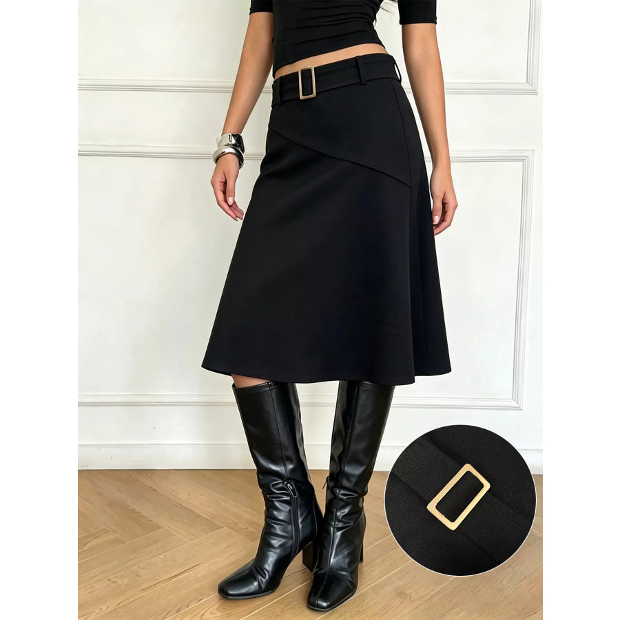 High-Waisted A-Line Midi Skirt with Belted Detail