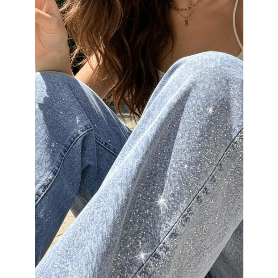 High-Waisted Acid Wash Sparkle Wide-Leg Jeans Apparel and Accessories