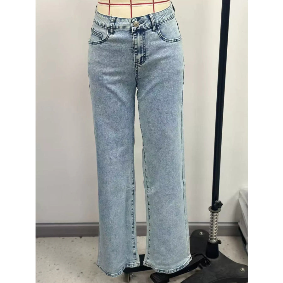 High-Waisted Acid Wash Straight Leg Jeans Apparel and Accessories