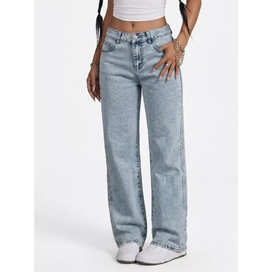 High-Waisted Acid Wash Straight Leg Jeans Apparel and Accessories