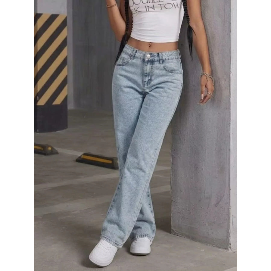 High-Waisted Acid Wash Straight Leg Jeans Apparel and Accessories