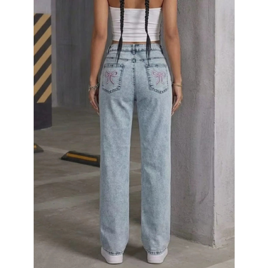 High-Waisted Acid Wash Straight Leg Jeans Apparel and Accessories