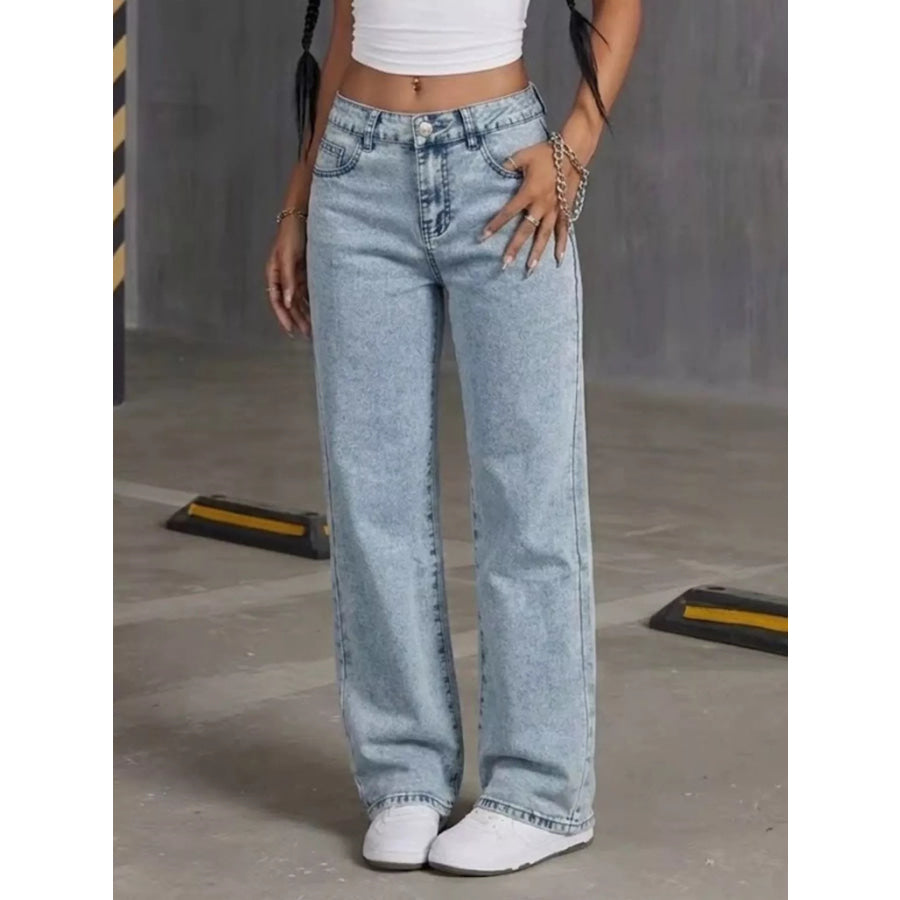 High-Waisted Acid Wash Straight Leg Jeans Apparel and Accessories