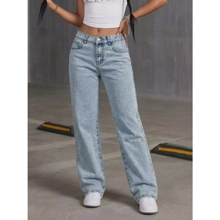 High-Waisted Acid Wash Straight Leg Jeans Light Blue / S Apparel and Accessories