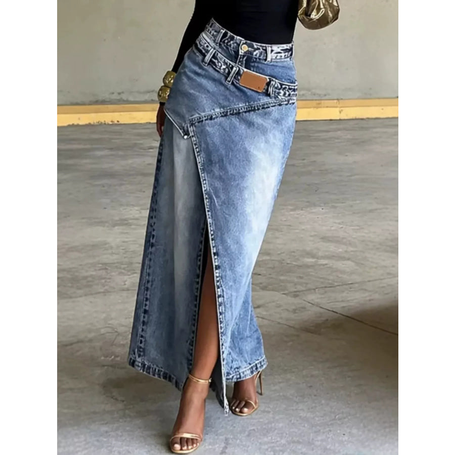 High-Waisted Asymmetric Slit Denim Maxi Skirt Apparel and Accessories
