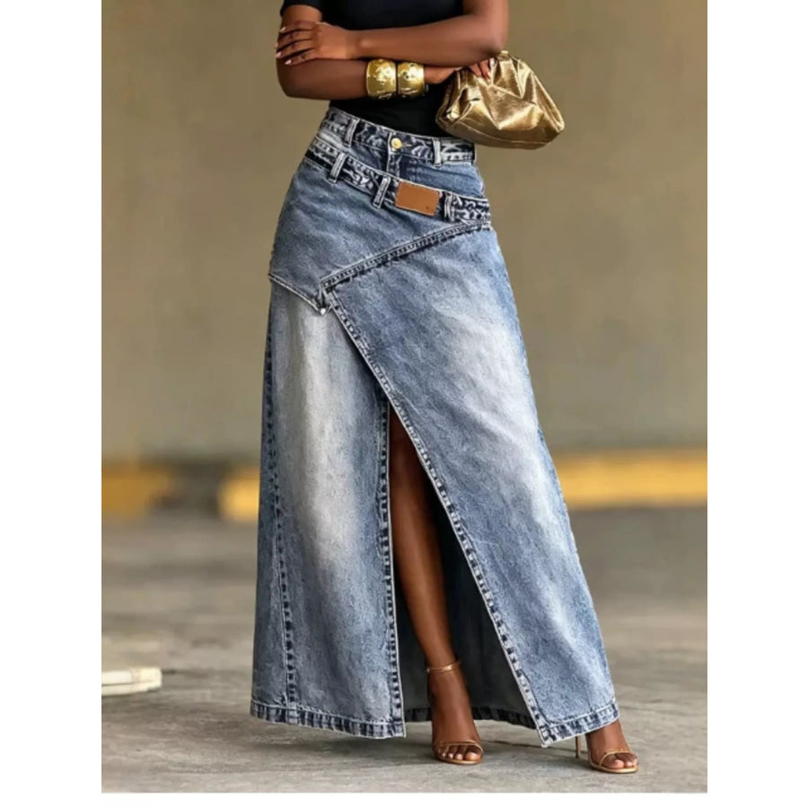 High-Waisted Asymmetric Slit Denim Maxi Skirt Apparel and Accessories