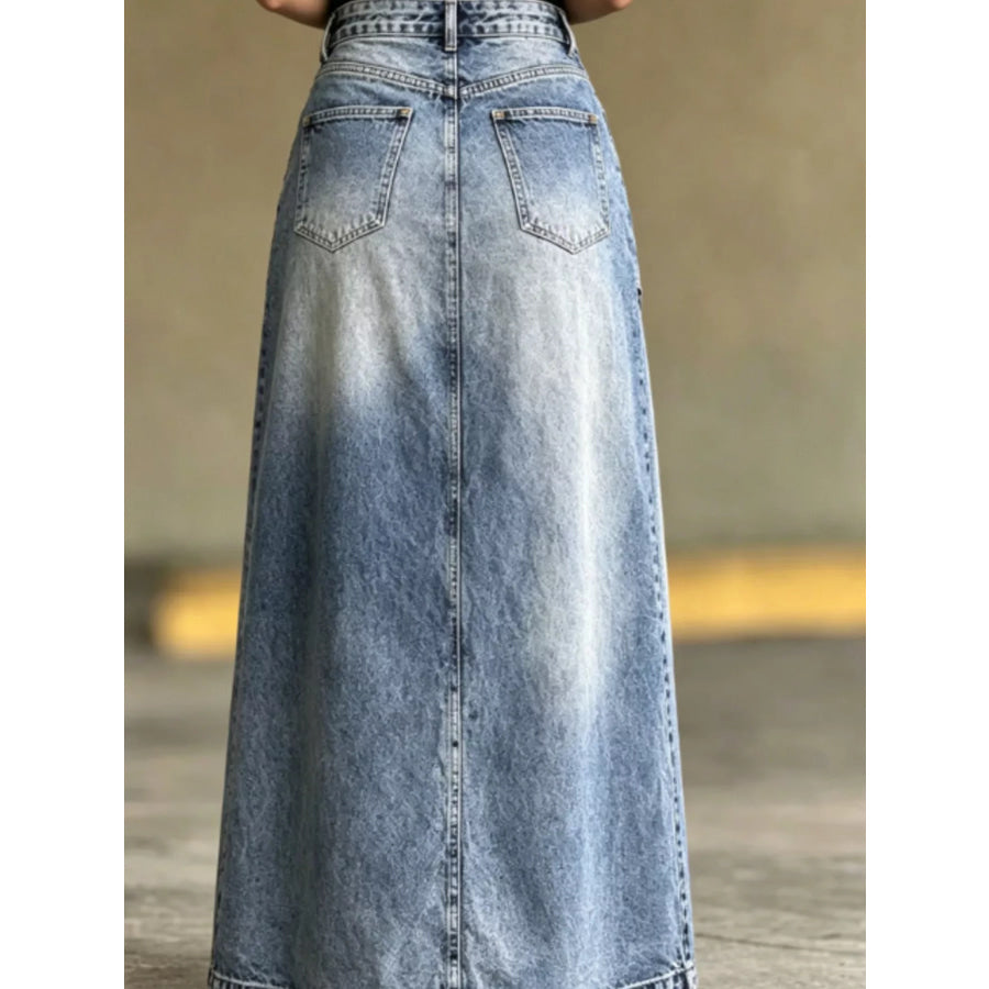 High-Waisted Asymmetric Slit Denim Maxi Skirt Apparel and Accessories