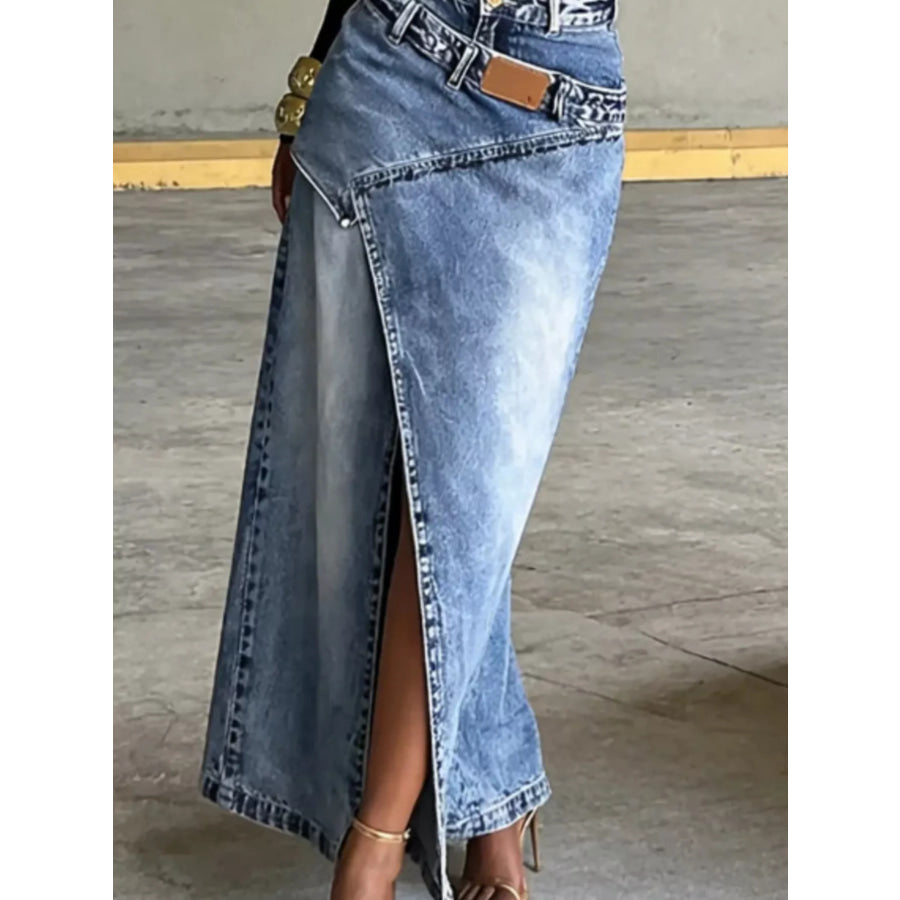 High-Waisted Asymmetric Slit Denim Maxi Skirt Apparel and Accessories