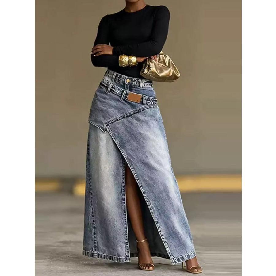 High-Waisted Asymmetric Slit Denim Maxi Skirt Light Blue / S Apparel and Accessories