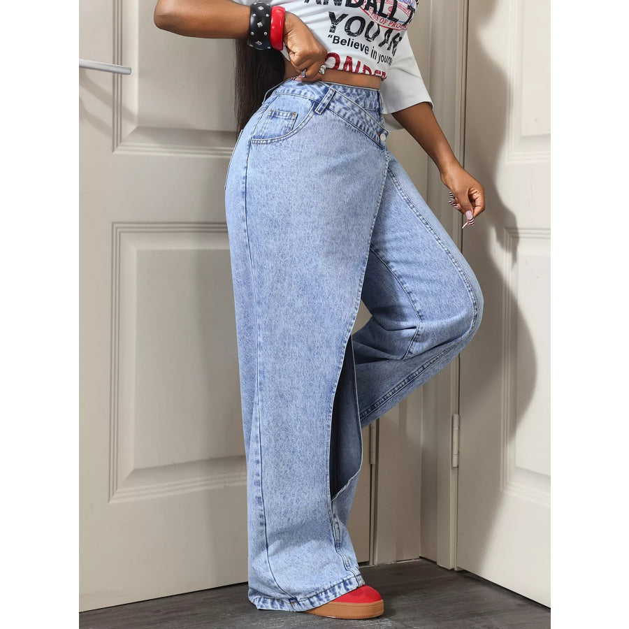 High-Waisted Asymmetric Wrap Wide-Leg Jeans Apparel and Accessories