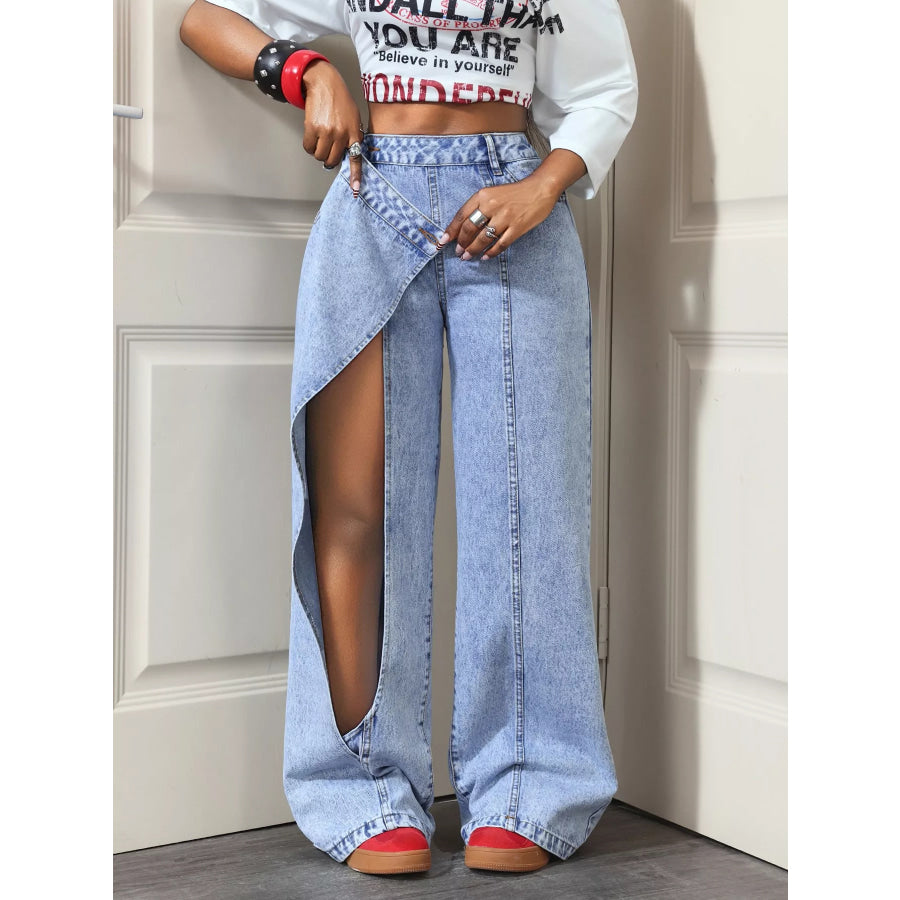 High-Waisted Asymmetric Wrap Wide-Leg Jeans Apparel and Accessories