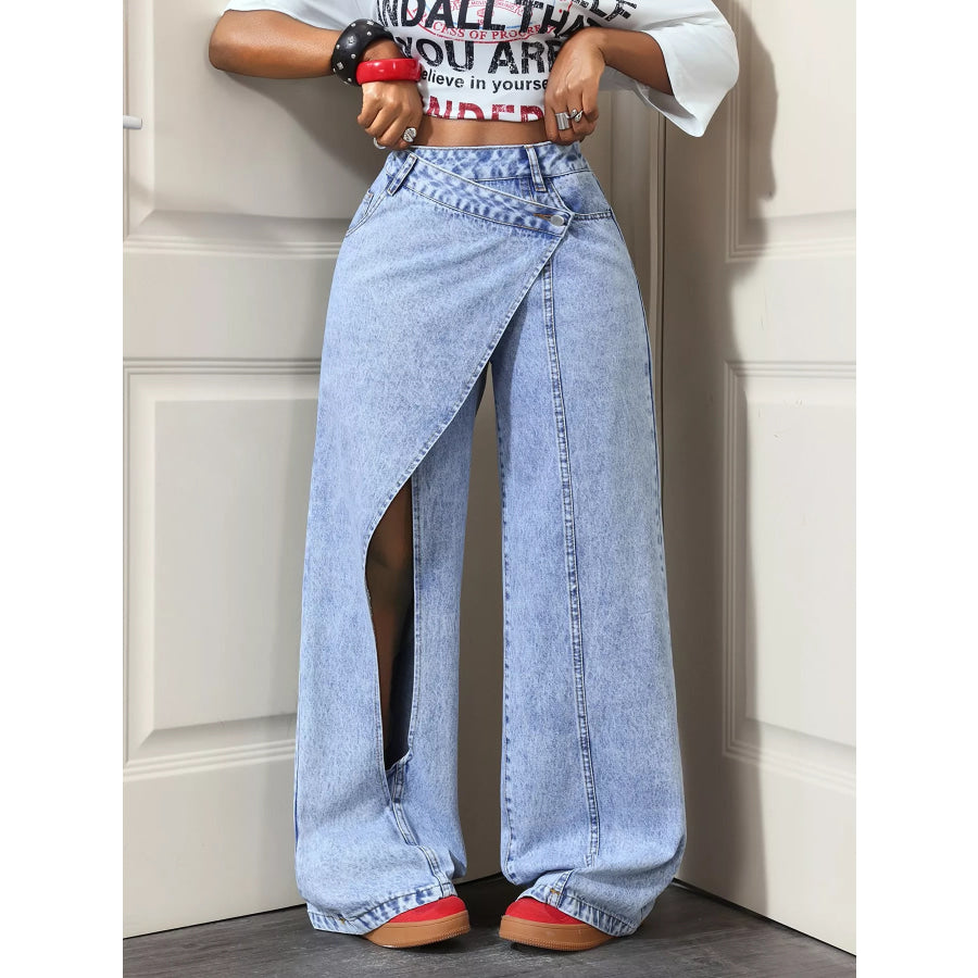 High-Waisted Asymmetric Wrap Wide-Leg Jeans Apparel and Accessories