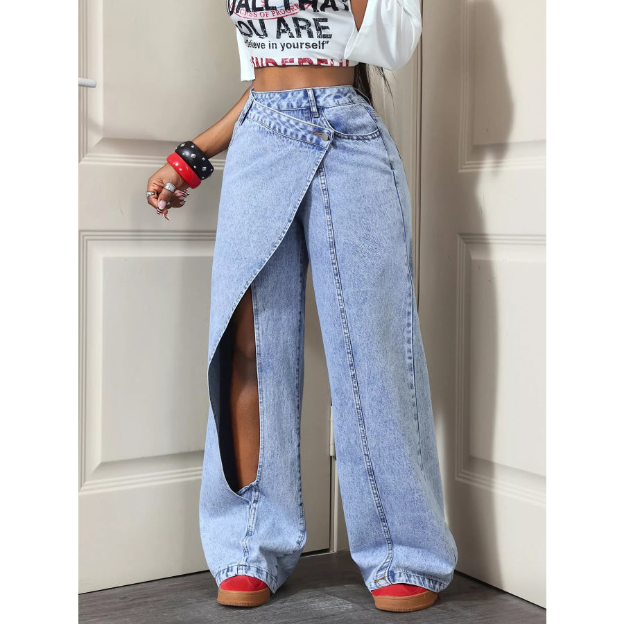 High-Waisted Asymmetric Wrap Wide-Leg Jeans Blue / S Apparel and Accessories