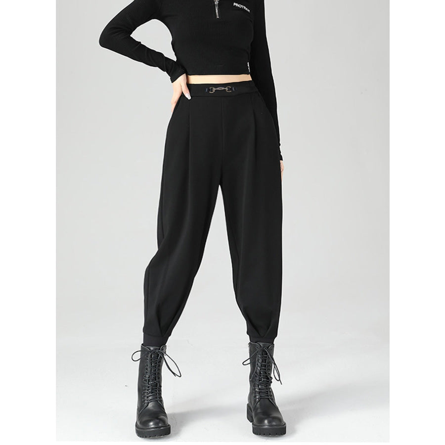 High-Waisted Buckle Detail Tapered Pants Apparel and Accessories