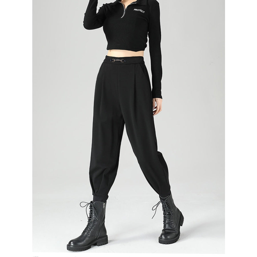 High-Waisted Buckle Detail Tapered Pants Apparel and Accessories