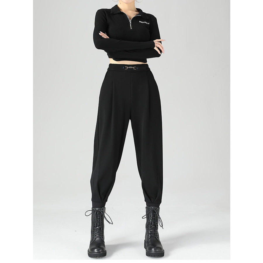 High-Waisted Buckle Detail Tapered Pants Black / S Apparel and Accessories