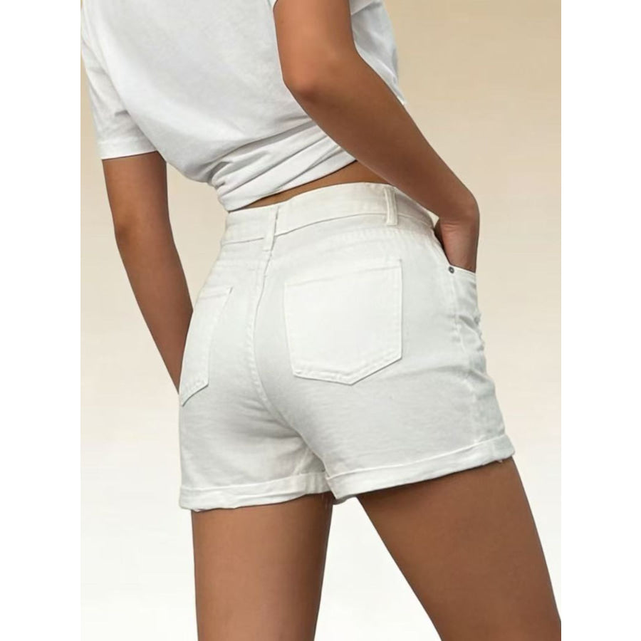 High-Waisted Button-Fly Distressed Denim Shorts Apparel and Accessories