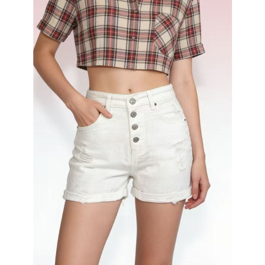 High-Waisted Button-Fly Distressed Denim Shorts Apparel and Accessories