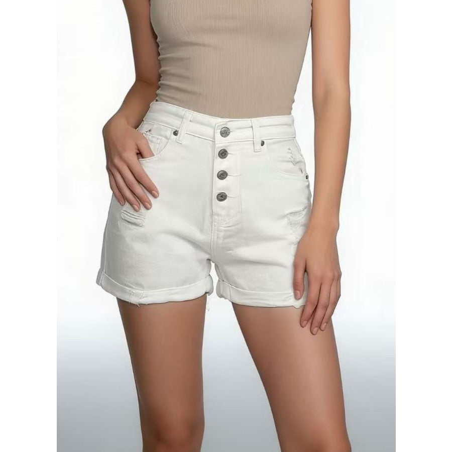 High-Waisted Button-Fly Distressed Denim Shorts White / S Apparel and Accessories