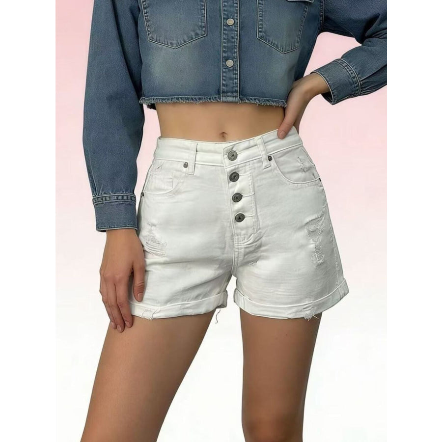 High-Waisted Button-Fly Distressed Denim Shorts White / S Apparel and Accessories