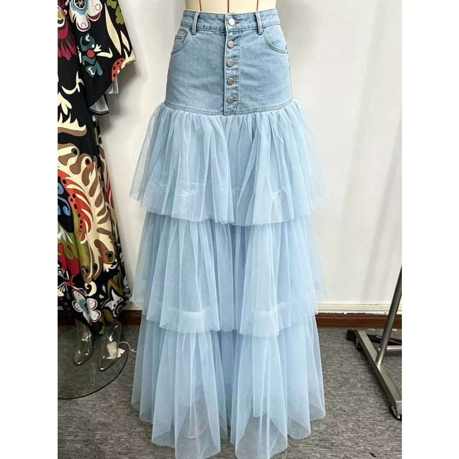 High-Waisted Button-Front Denim and Tulle Maxi Skirt Light Blue / S Apparel Accessories