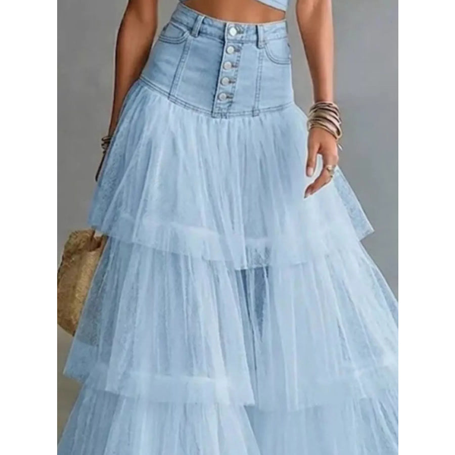 High-Waisted Button-Front Denim and Tulle Maxi Skirt Apparel Accessories