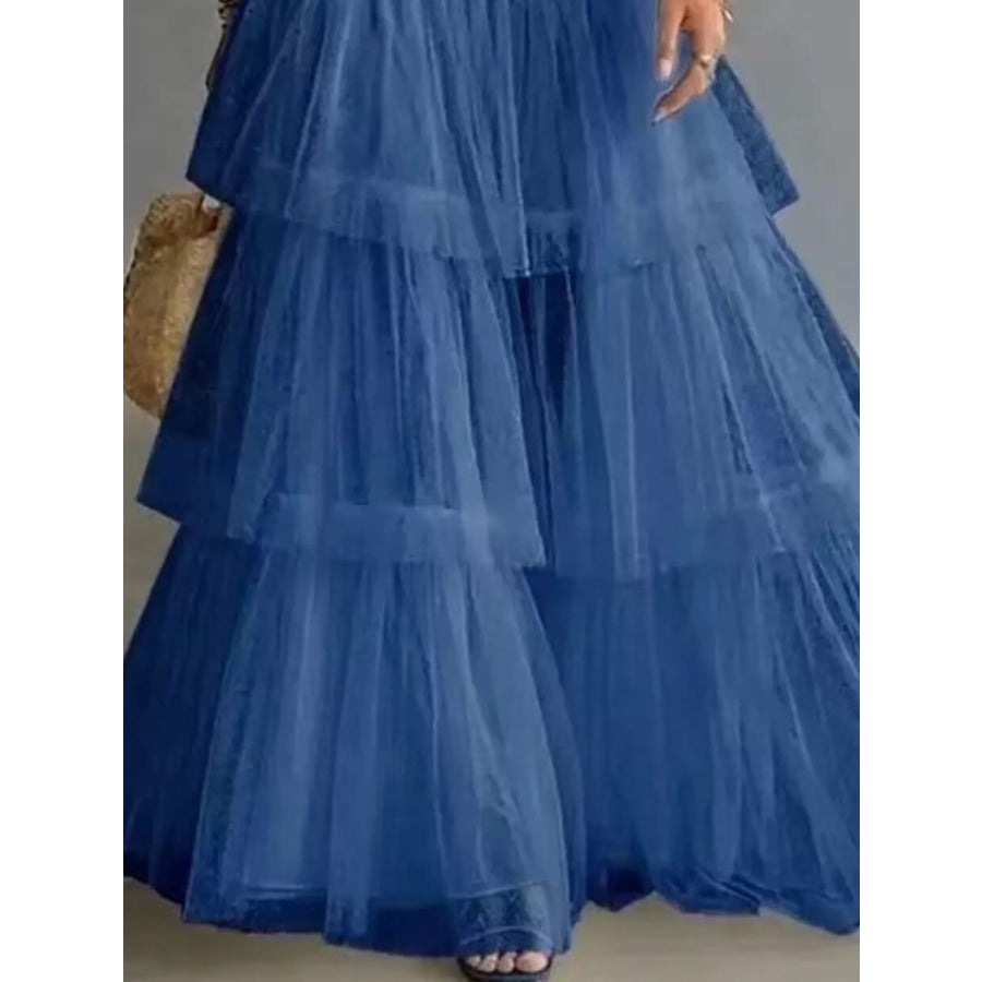 High-Waisted Button-Front Denim and Tulle Maxi Skirt Apparel Accessories