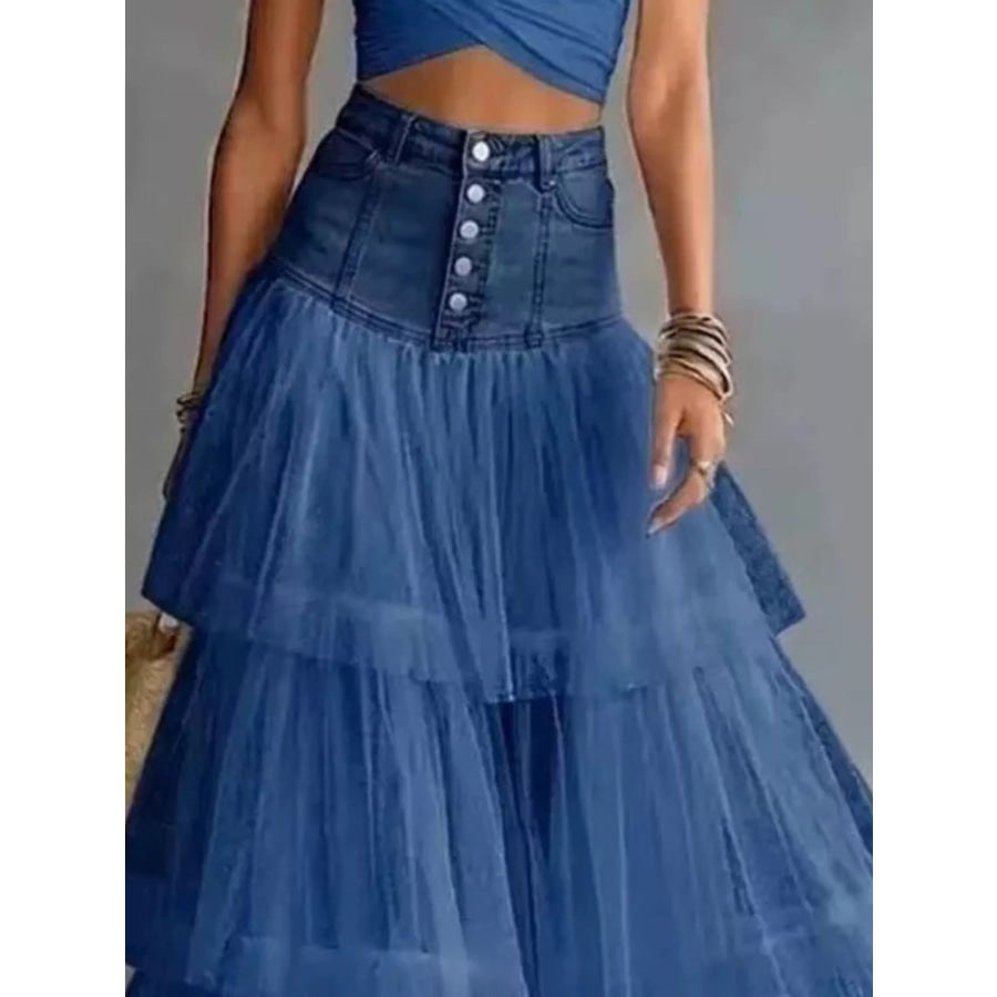 High-Waisted Button-Front Denim and Tulle Maxi Skirt Apparel Accessories