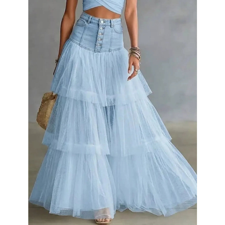 High-Waisted Button-Front Denim and Tulle Maxi Skirt Light Blue / S Apparel Accessories