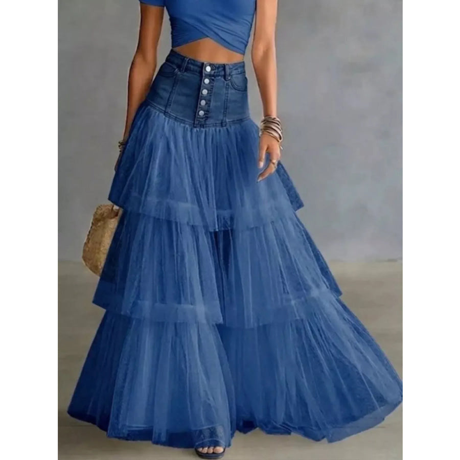 High-Waisted Button-Front Denim and Tulle Maxi Skirt Peacock Blue / S Apparel Accessories