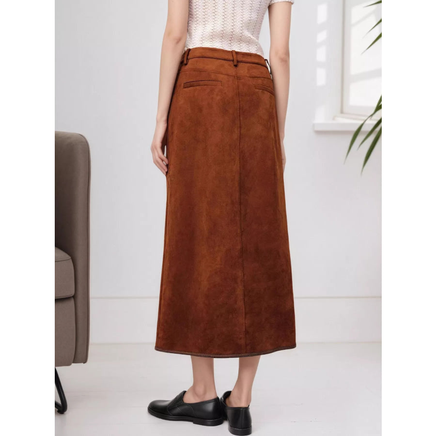 High-Waisted Button-Front Midi Skirt Apparel and Accessories