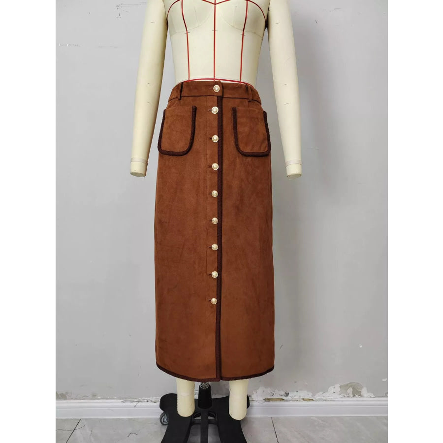 High-Waisted Button-Front Midi Skirt Apparel and Accessories