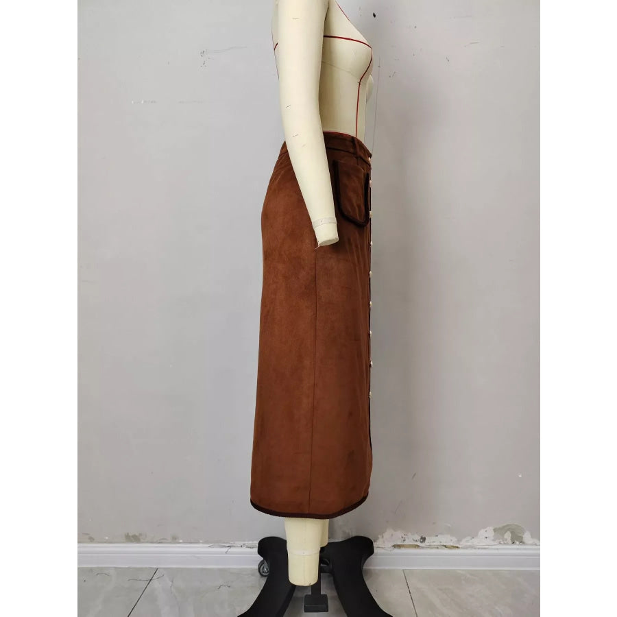 High-Waisted Button-Front Midi Skirt Apparel and Accessories