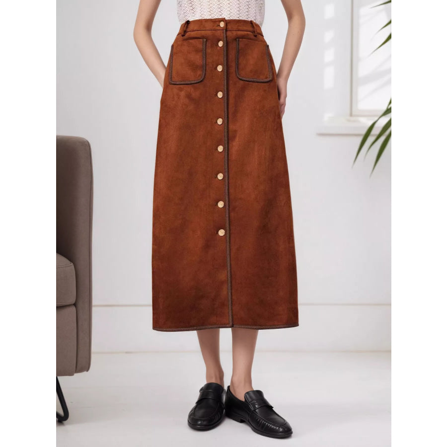High-Waisted Button-Front Midi Skirt Rust / S Apparel and Accessories
