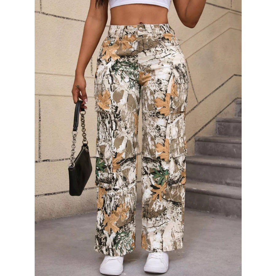 High-Waisted Camouflage Print Cargo Pants Apparel and Accessories