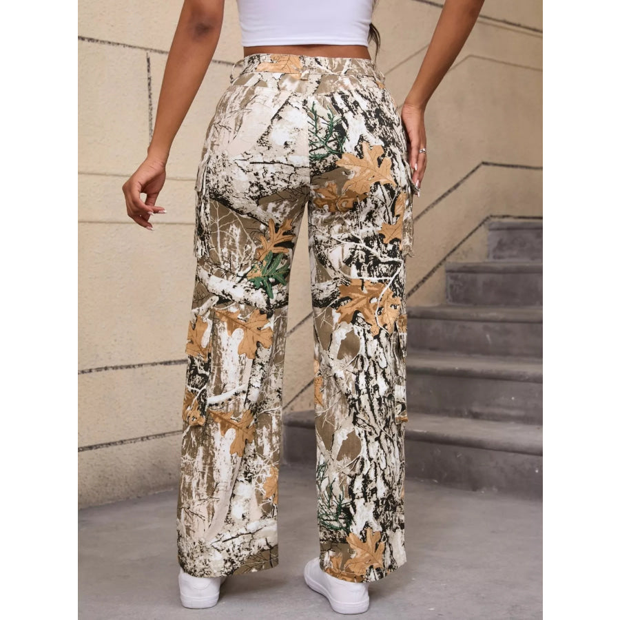 High-Waisted Camouflage Print Cargo Pants Apparel and Accessories