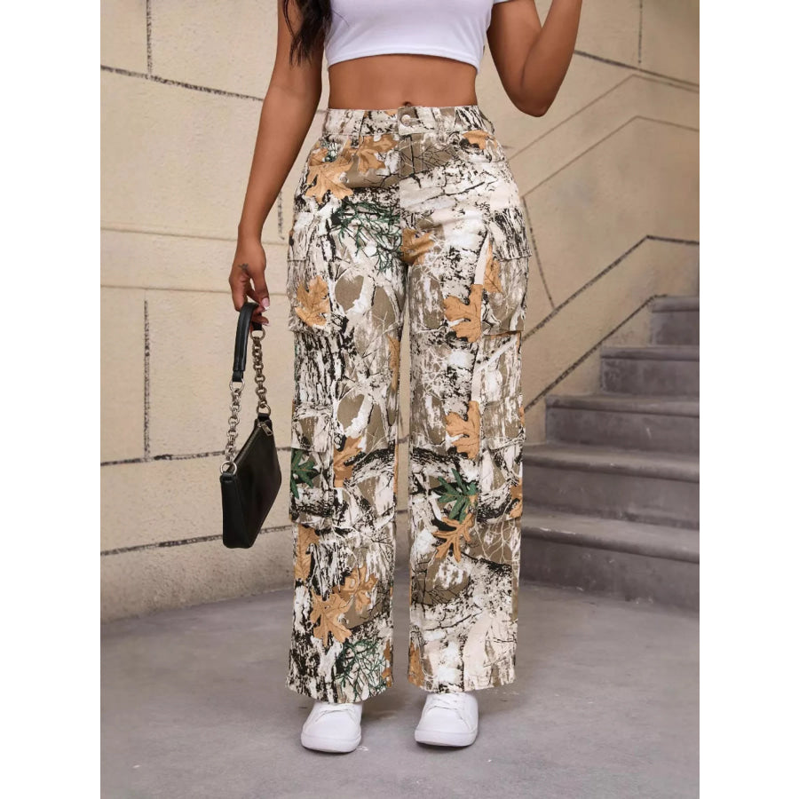 High-Waisted Camouflage Print Cargo Pants Printed Color / S Apparel and Accessories