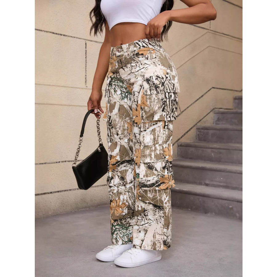High-Waisted Camouflage Print Cargo Pants Apparel and Accessories