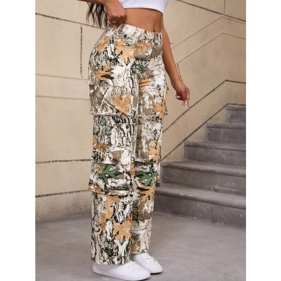High-Waisted Camouflage Print Cargo Pants Apparel and Accessories