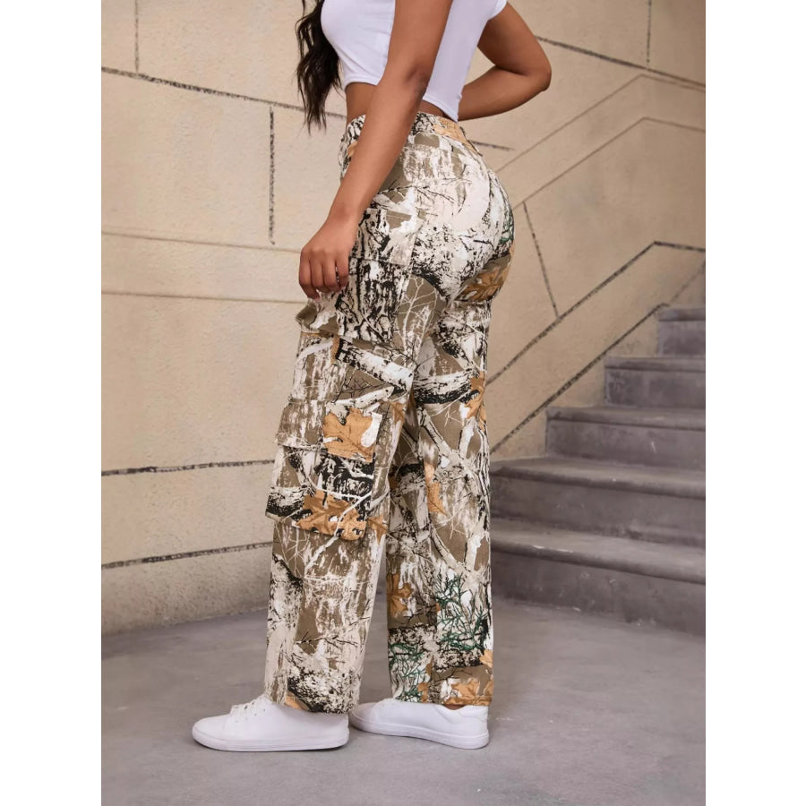 High-Waisted Camouflage Print Cargo Pants Apparel and Accessories