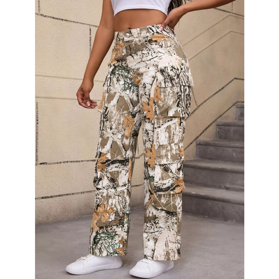 High-Waisted Camouflage Print Cargo Pants Apparel and Accessories