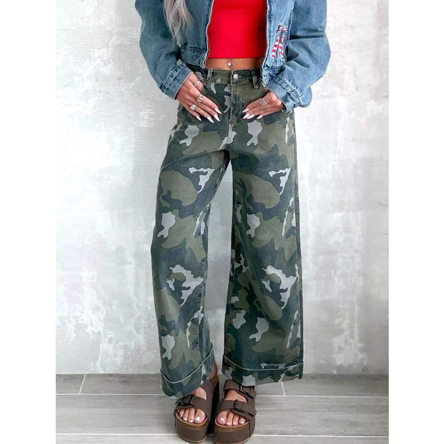 High-Waisted Camouflage Wide-Leg Jeans Camouflage Color / S Apparel and Accessories