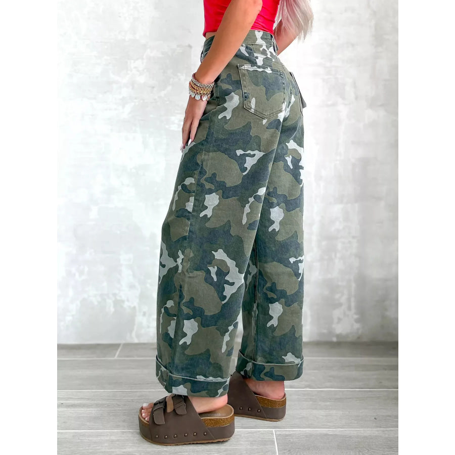 High-Waisted Camouflage Wide-Leg Jeans Apparel and Accessories