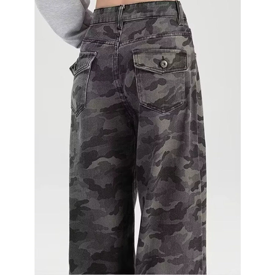 High-Waisted Camouflage Wide-Leg Jeans Apparel and Accessories