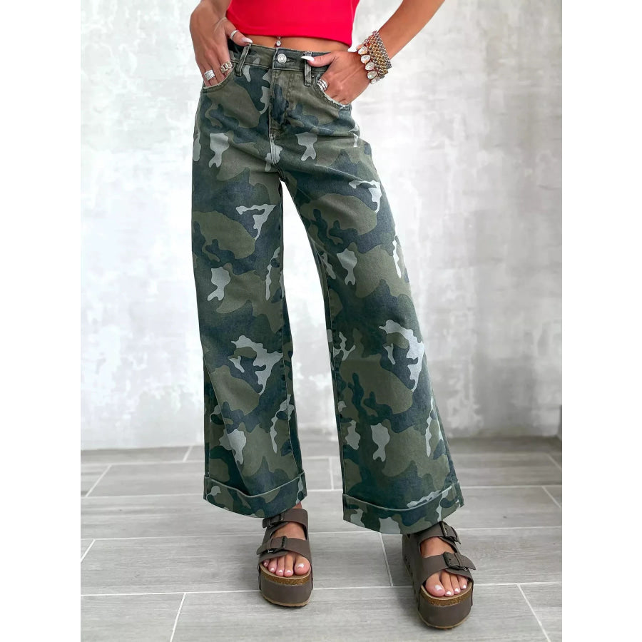 High-Waisted Camouflage Wide-Leg Jeans Camouflage Color / S Apparel and Accessories