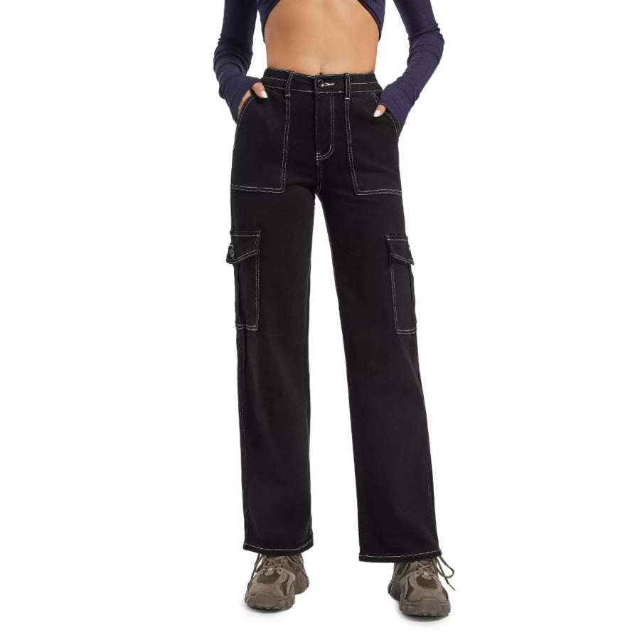 High-Waisted Cargo Jeans Black / S Apparel and Accessories