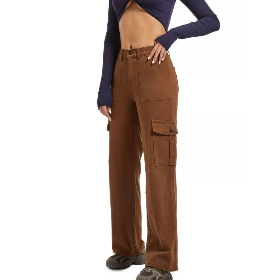 High-Waisted Cargo Jeans Brown / S Apparel and Accessories