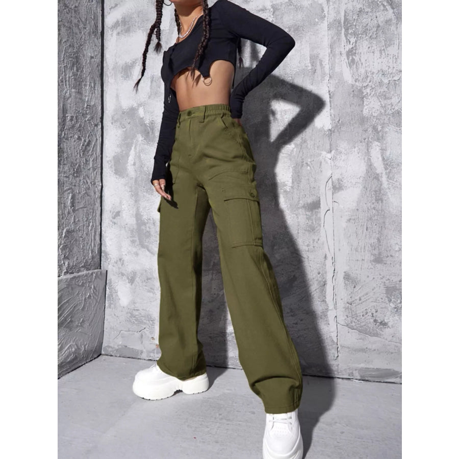 High-Waisted Cargo Jeans Green / S Apparel and Accessories