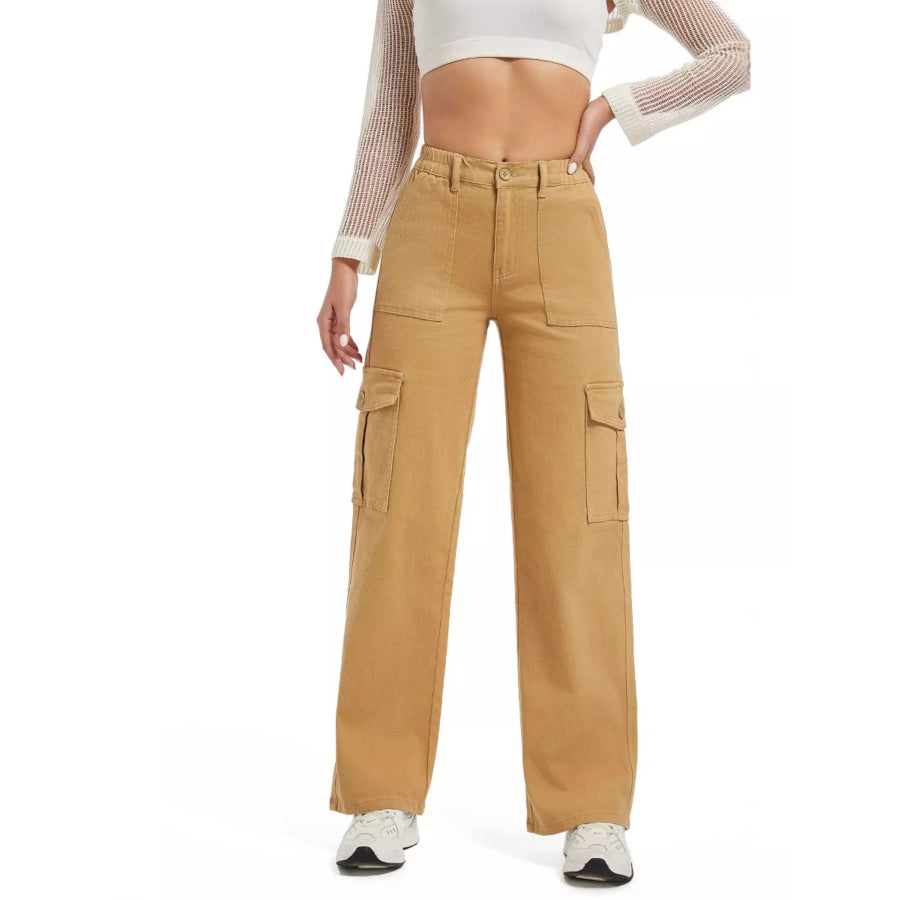 High-Waisted Cargo Jeans Khaki / S Apparel and Accessories