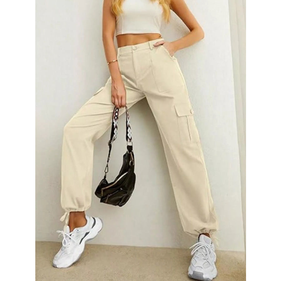 High-Waisted Cargo Pants with Drawstring Cuffs Apricot / XS Apparel and Accessories